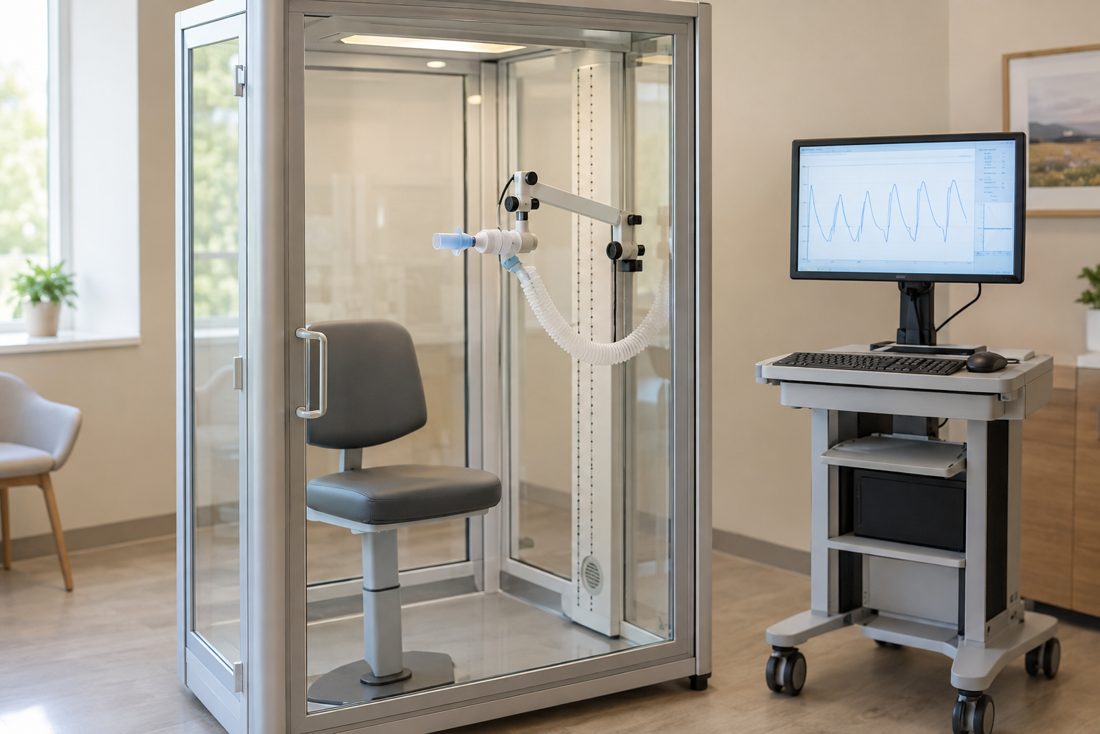 Pulmonary function testing booth with mouthpiece and computer monitor