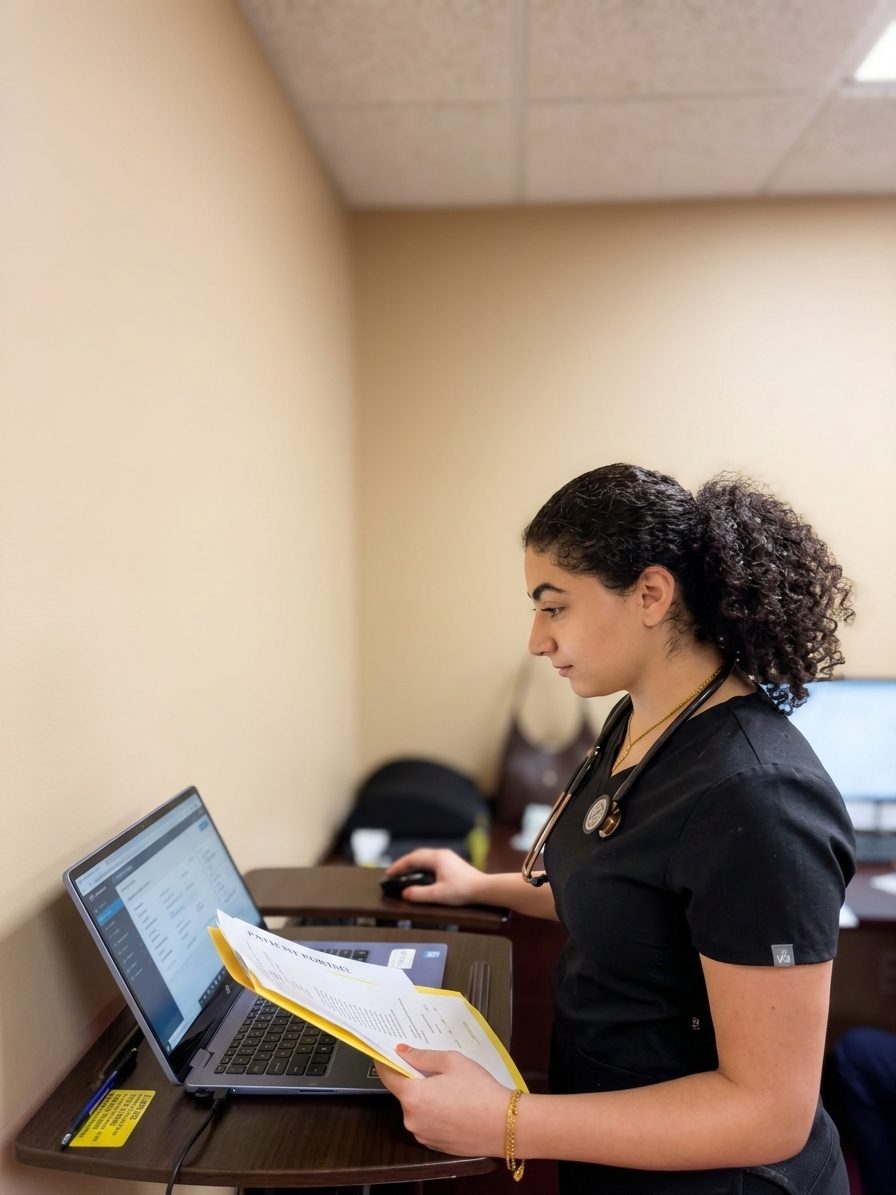 Roseville Pulmonary and Sleep staff member reviewing patient paperwork at a workstation
